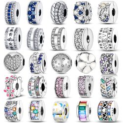 Silver Clasp 925 Sterling Silver CZ pave Clip Charms Daisy Beads Stopper Safety Chain fit Origin ...