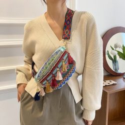 Women Folk Style Waist Bags with Adjustable Strap Variegated Color Fanny Pack with Fringe Decor  ...